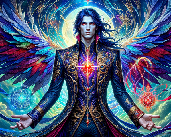 Character with Dark Suit and Colorful Wings