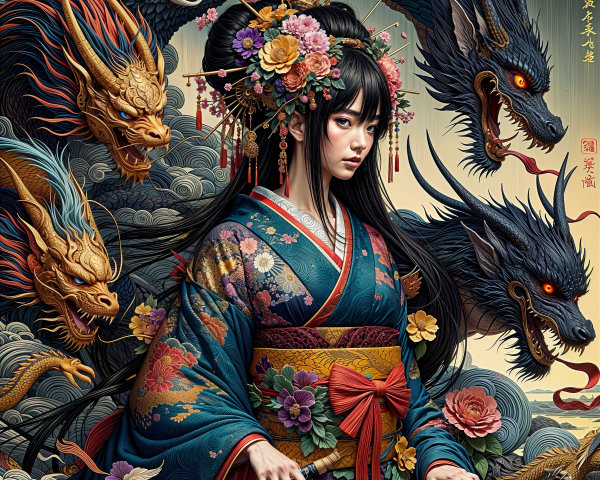 Artwork of a Woman in Kimono with Swirling Dragons