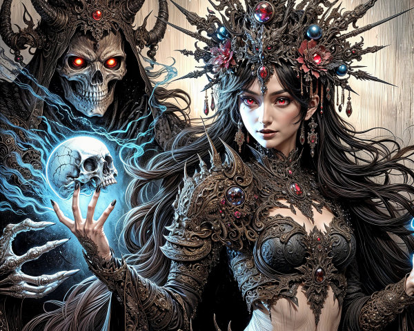 Regal Woman and Skeletal Figure in Fantasy Scene