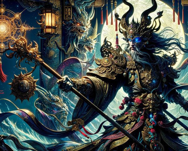 Majestic cloaked figure with dragons and glowing orb