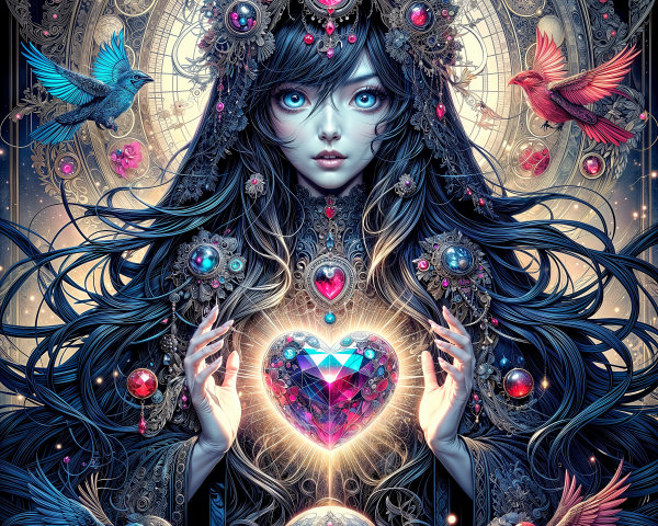 Mystical Woman in Elaborate Attire with Gemstone and Patterns