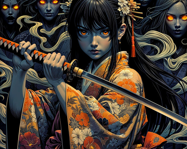 Young Woman in Kimono Wielding Sword Against Dark Backdrop
