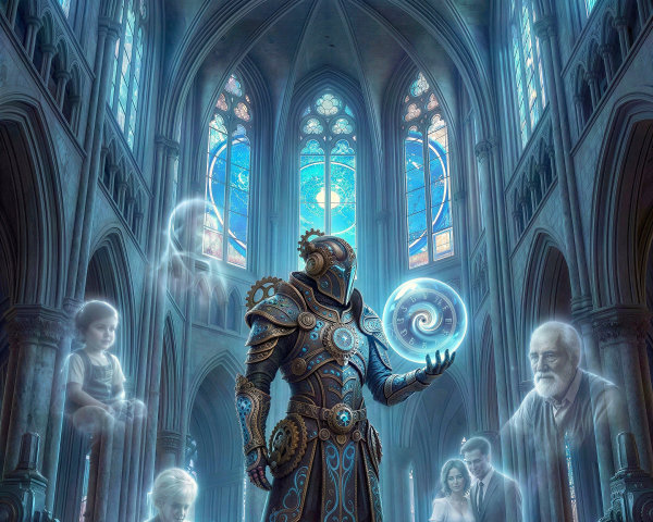 Steampunk Armor Display in Grand Hall with Galaxy Ceiling