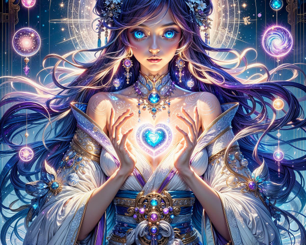 Mystical figure with glowing eyes and celestial motifs