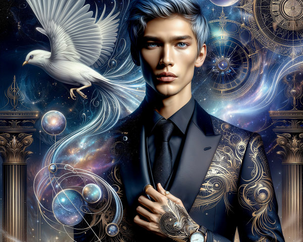 Elegant Figure in Cosmic Backdrop with Dove