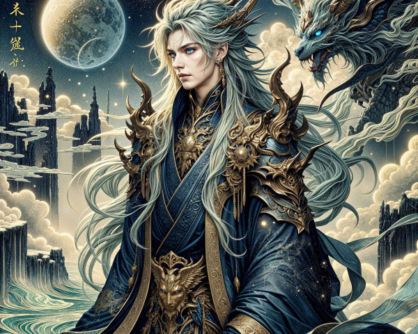 Majestic Figure with Dragon in Cosmic Fantasy Scene