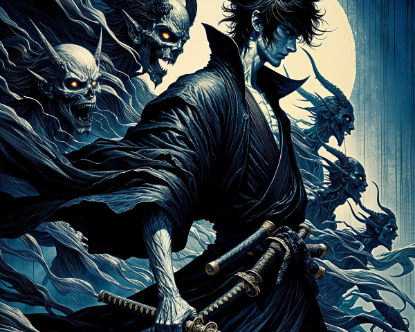 Brooding Figure with Katana and Ghostly Apparitions