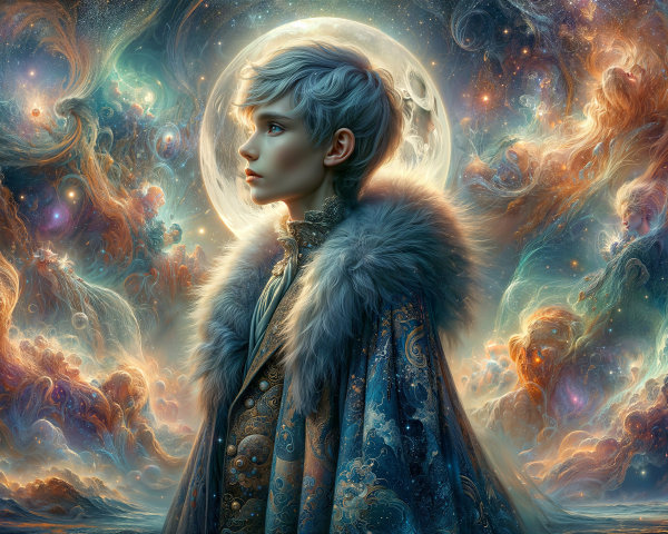 Mystical figure in colorful cloak against cosmic backdrop