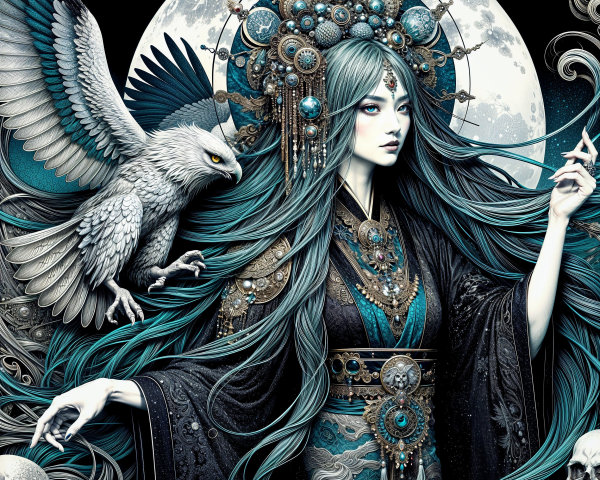 Mystical Woman with Teal Hair and Luminous Moon
