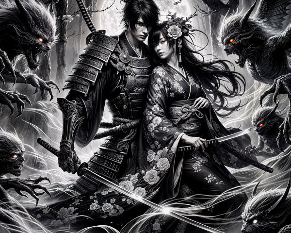 Samurai and Woman in Mystical Black-and-White Scene