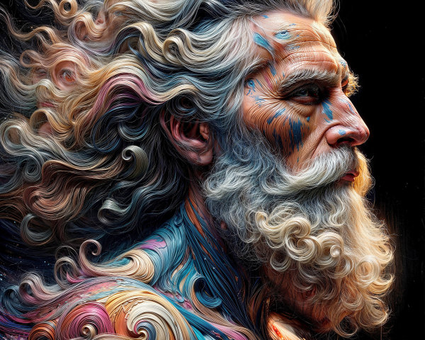 Artistic portrait of a man with colorful hair and beard