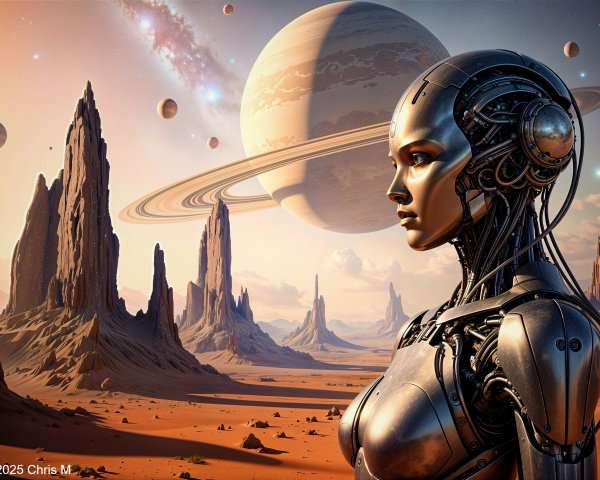 Futuristic Landscape with Robot Woman and Alien World