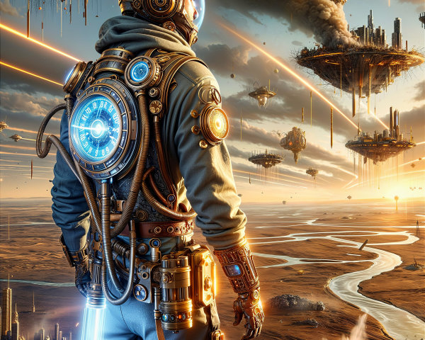 Futuristic Astronaut in Barren Landscape with Floating Islands