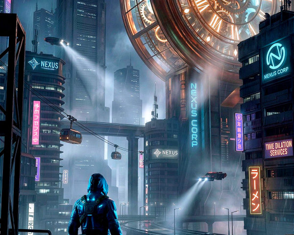 Cyberpunk Cityscape at Night with Hooded Figure
