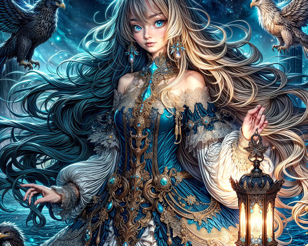 Mystical Woman in Celestial Setting with Eagles