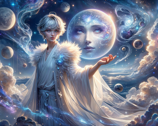 Celestial Figure in Cosmic Landscape with Moon Face