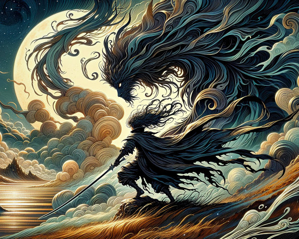 Mystical Figure on Windswept Shore Under Night Sky