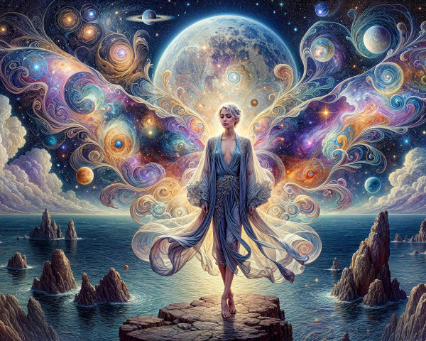 Ethereal Woman with Cosmic Wings on Rocky Shore
