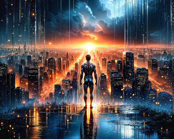 Futuristic cityscape with rain and vibrant sunset