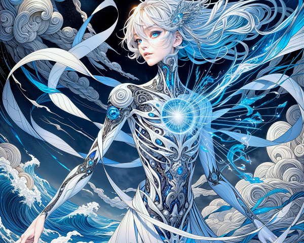 Futuristic figure with white hair in a dynamic scene