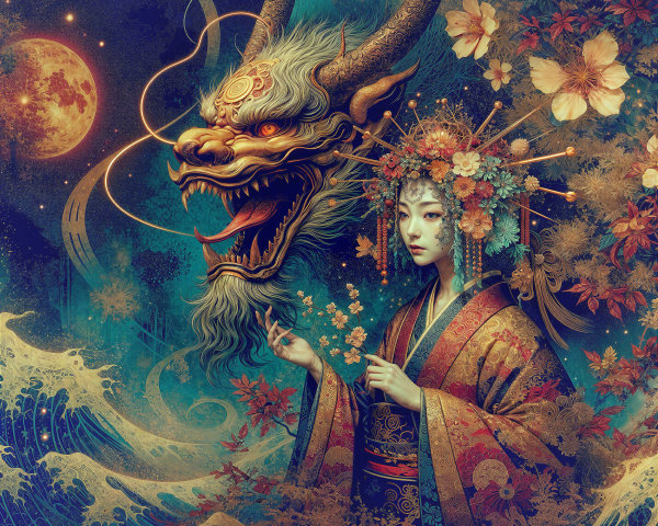 Dragon and Serene Figure in Cosmic Artwork