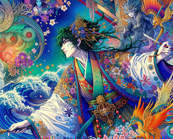 Vibrant Illustration of a Figure in Floral Kimono