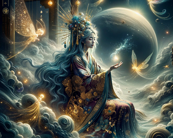 Serene figure in ornate robe among cosmic clouds