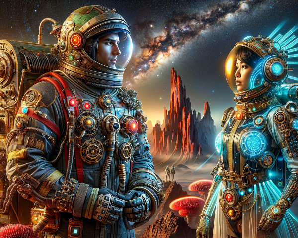 Astronauts in Futuristic Landscape with Colorful Plants