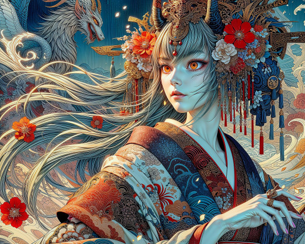 Ethereal Figure in Detailed Kimono with Dragon Background