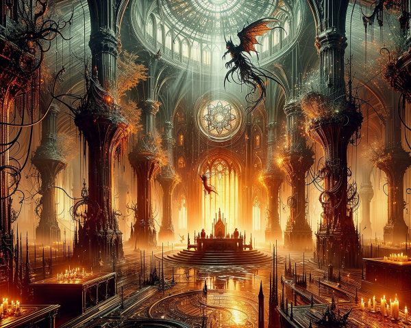 Gothic Hall with Ornate Architecture and Majestic Throne