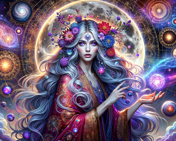 Mystical Figure with Flowers in Cosmic Setting