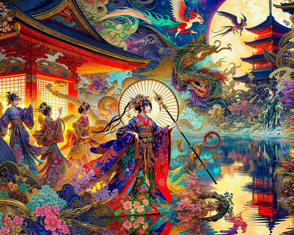 Traditional Japanese Night Scene with Moonlit Pagoda
