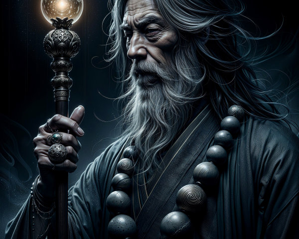 Elderly man with gray hair and glowing orb staff