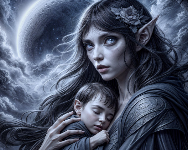 Mystical Elven Woman Cradling a Sleeping Child