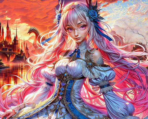 Young Woman in Elegant Dress with Vibrant Sunset Background
