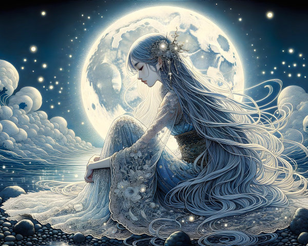 Serene Figure by Ocean Under Full Moon and Stars