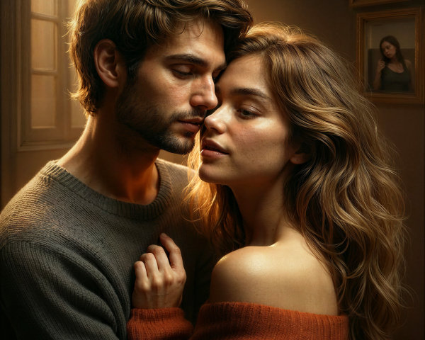 Warm Embrace in Soft Golden Light with Nostalgic Background