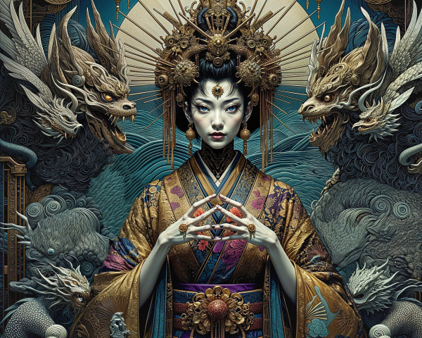 Regal Figure in Ornate Kimono Surrounded by Dragons