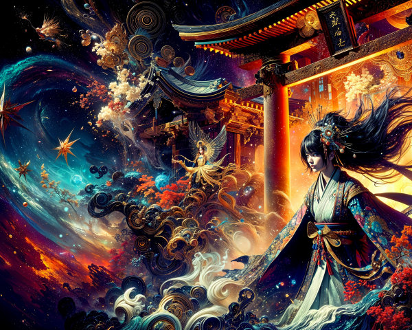Fantasy Scene with Serene Figure and Pagoda