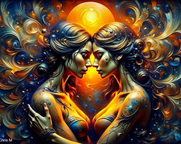 Ethereal Women with Vibrant Patterns and Sun Glow