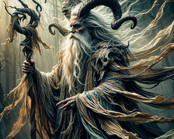 Ancient figure in mystical forest with flowing robes