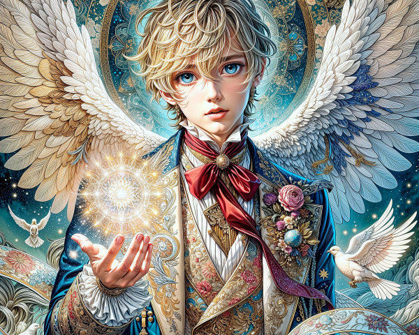 Angelic Figure with Wings and Radiant Orb of Light