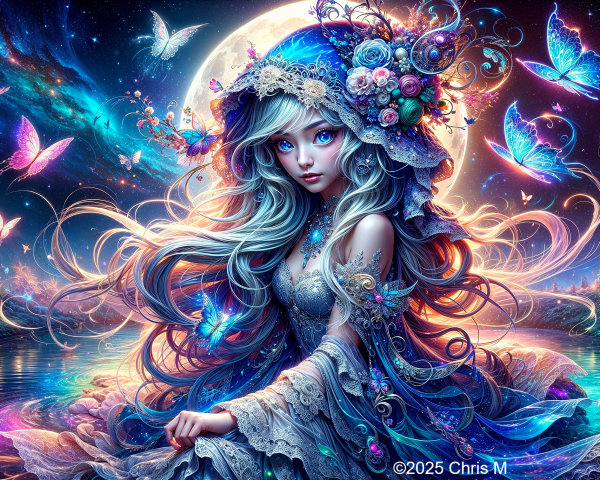 Mystical girl in floral headdress with butterflies and moon