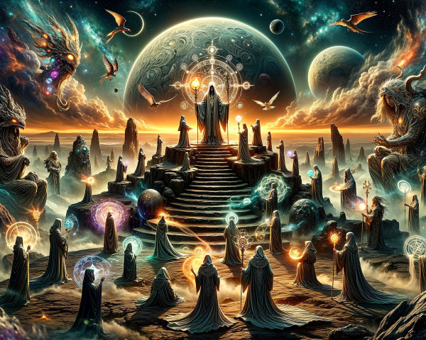 Majestic Cosmic Landscape with Mystical Figures