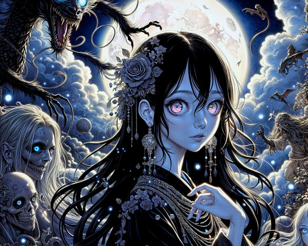 Mystical Scene with Young Girl and Ethereal Creatures