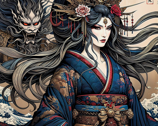 Striking Woman in Detailed Kimono with Ghostly Figure