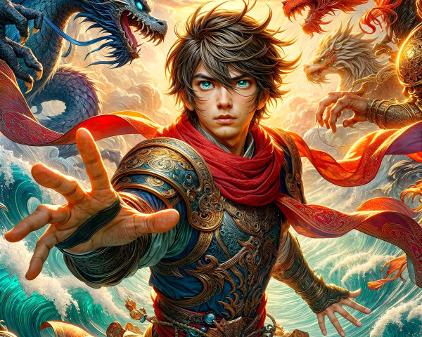 Young hero in armor with dragons in dramatic setting