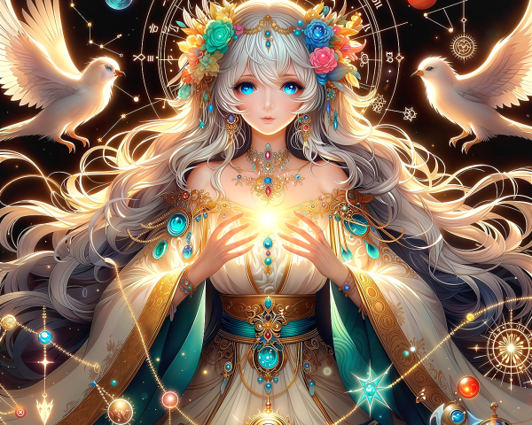 Goddess in White and Gold Dress with Floral Crown