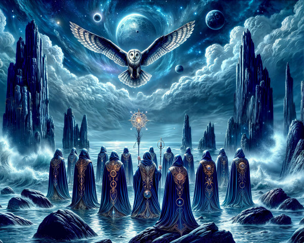 Hooded Figures in Blue Robes in Mystical Landscape