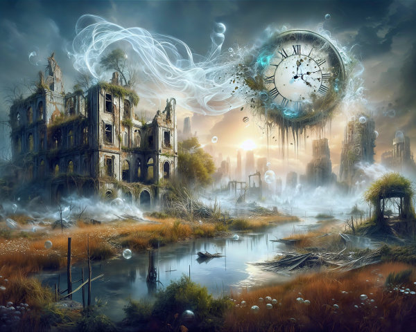 Post-Apocalyptic Landscape with Ruins and Clock Elements
